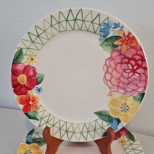 Pier 1 Dinner Plates 11" green lattice dahlia multicolor summer flowers  set/ 2